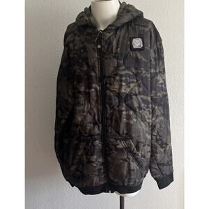 VTG Y2K In4mation Camo Dark Olive Jacket Men’s XL Rare Quilted Hooded Bomber